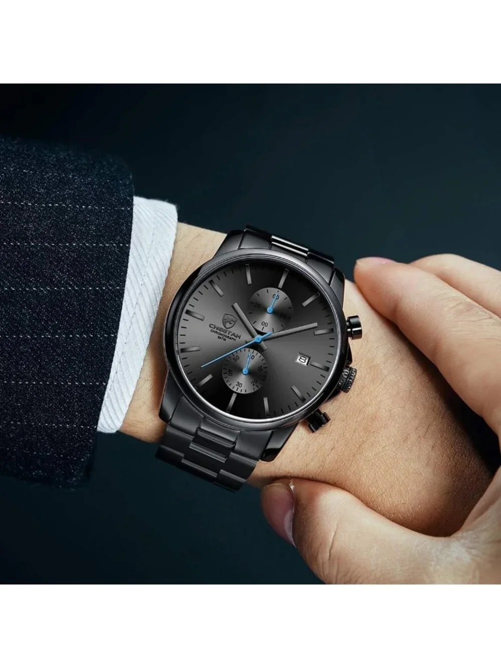 Men's Black Blue Classic Stainless Steel Waterproof Chronograph Quartz Watch